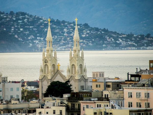 Saints Peter and Paul Church spires above North Beach, San Francisco