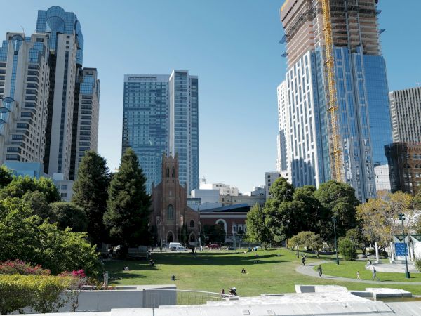 Yerba Buena Gardens lawn and skyline in SoMa, San Francisco