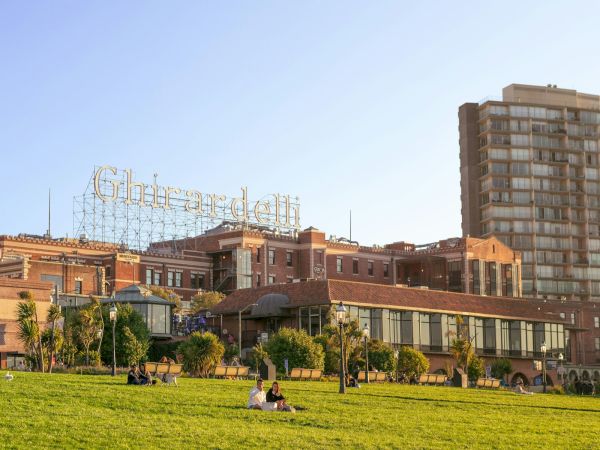 Ghirardelli Square sign and lawn, San Francisco