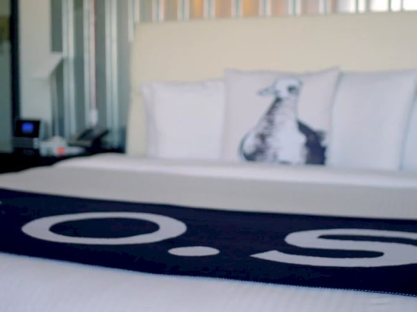 A bright bedroom with a neatly made bed, a black-and-white blanket, and pillows showing a cat graphic.