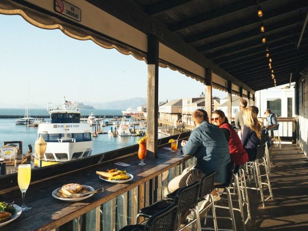 Eagle Cafe patio dining with marina views at Pier 39